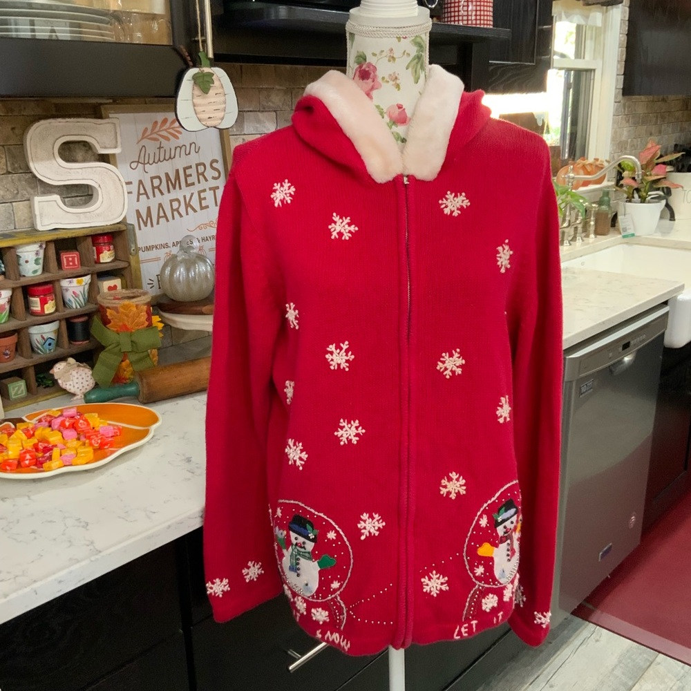 Vintage Bobbie Brooks Large 12/14 Zip Cardigan Fur Hood Snowman Christmas Red